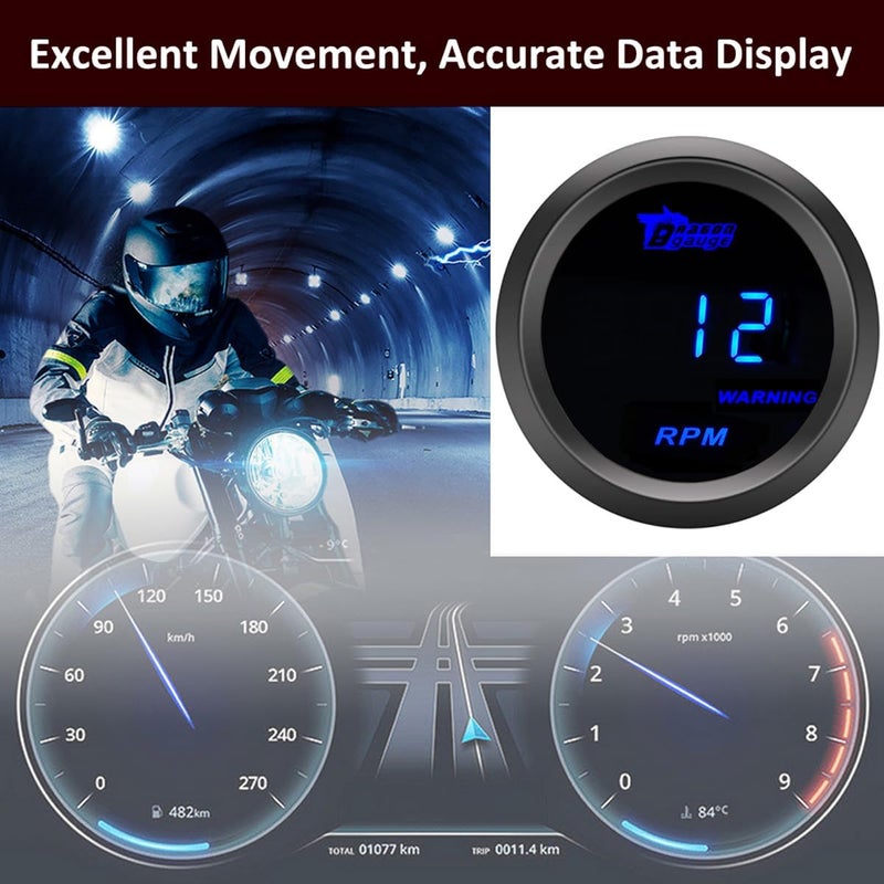 LKRXW Car Tacho Gauge 12V Auto Tachometer Gauge RPM 2" 52mm Meter Digital Speed Gauges Blue Light Instruments 0 to 9999 RPM Smoke Tint Len - Image 4